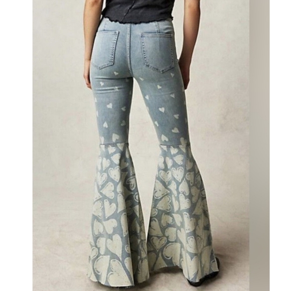 Free People Just Float On Flare Printed Jeans in Sky Combo Queen Of Hearts - Picture 2 of 7